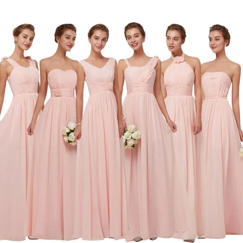 Long Chiffon Blush Pink Bridesmaid Dresses Sheer Wedding Dress