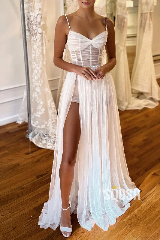 Spgahetti Straps Pleats High Split Bohemian Wedding Dress QW0851 Chic Lace Dress