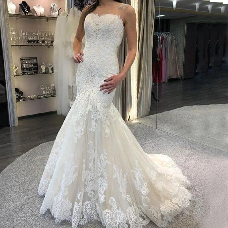 Sexy Mermaid Lace Sleeveless Wedding Dress, Vintage Tulle Sheath Bridal Dress, LB0947 Lace Sleeveless Dress