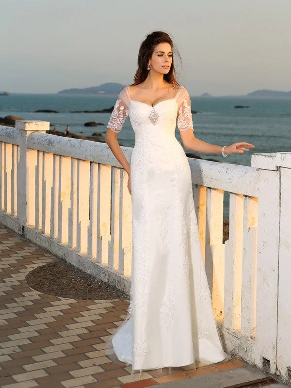 Sheath/Column Sweetheart Applique Short Sleeves Long Satin Beach Wedding Dresses TPP0006235 Boho Wedding Gown