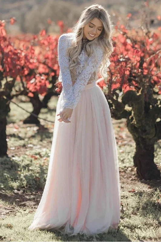 Two Pieces Long Sleeves Lace Appliques Blush Pink Wedding Dresses, Beach Wedding Dress SRS15538 Ball Gown Wedding