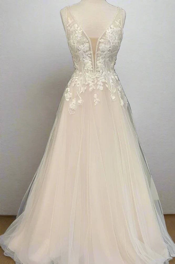 V-Neck Sleeveless Lace Appliques Tulle A-Line Long Wedding Dress Simple Wedding Dress