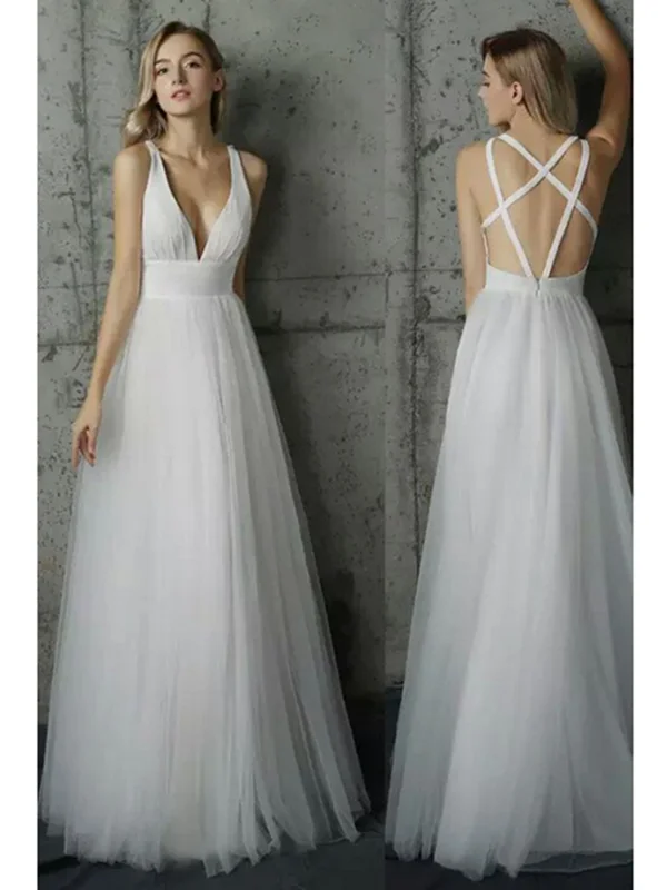 White V Neck Sleeveless Wedding Dresses, White Prom Dresses Sexy Lace Gown