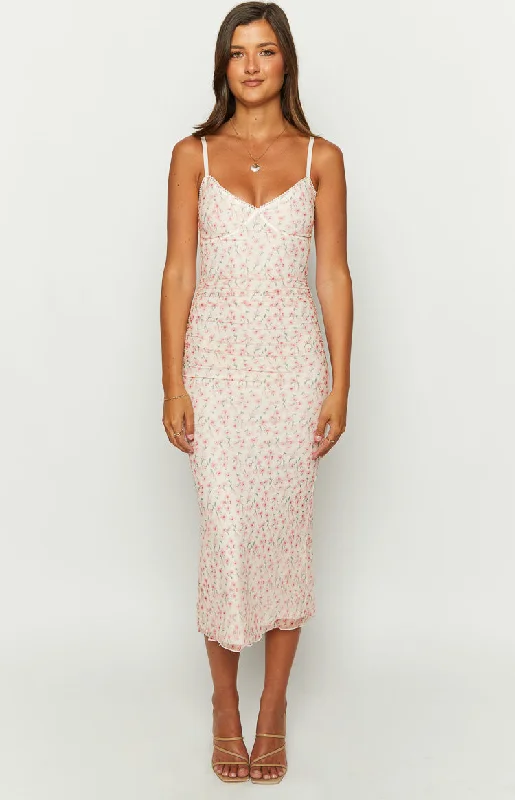 Capri Pink Floral Mesh Midi Dress Boohoo midi dresses