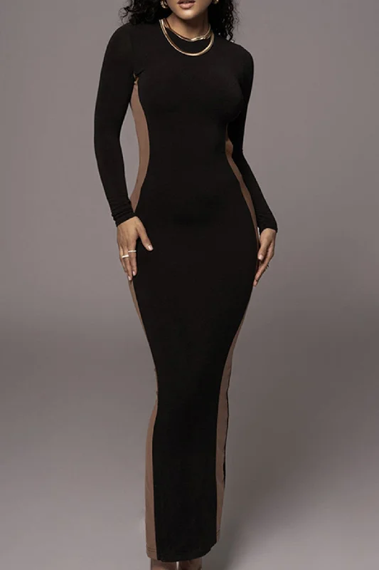 TastyHottie - Contrast Crew Neck Long Sleeve Slit Midi Dress Party midi dresses