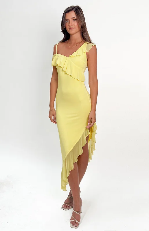 Everleene Yellow Ruffle Mesh Midi Dress Urban Outfitters midi dresses