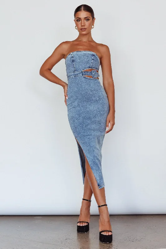 Glisten Cut-Out Buckle Waist Midi Dress Denim Blue Forever 21 midi dresses