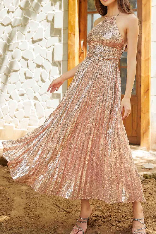 TastyHottie - Sequin Pleated Halterneck Backless Midi Dress Stretchy midi dresses