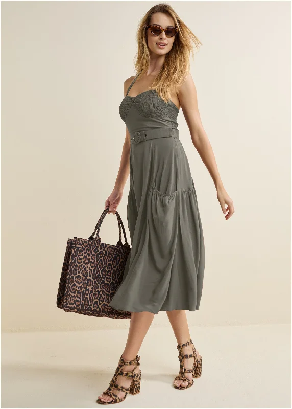 Belted Halter Midi Dress - Olive Cotton midi dresses