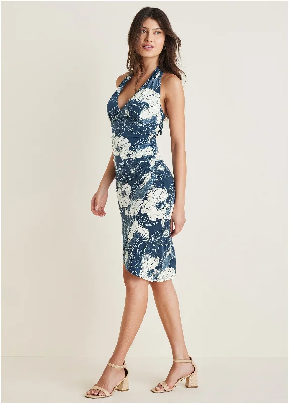 Halter Wrap Dress - Happy Poppy Blue Flattering midi dresses for all body types