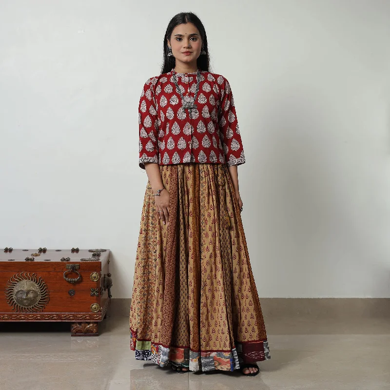 Brown - Bagh Print Skirt with 24 Kali Patchwork 19 Satin unclassified skirts