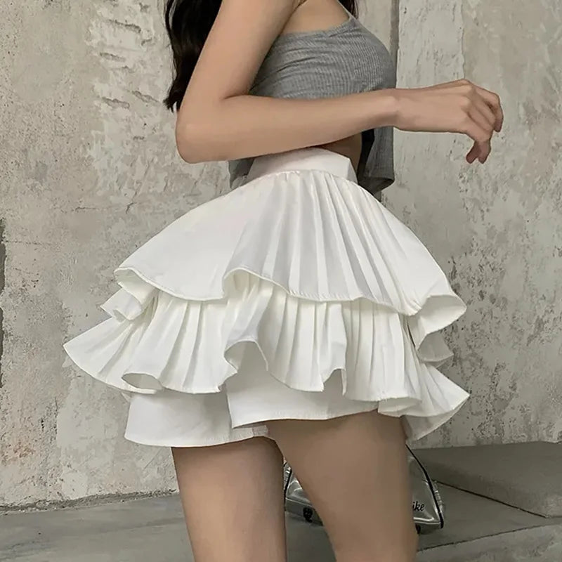 Layered White Ruffles High Waist Pleated Mini Skirt High-waist Denim Skirt