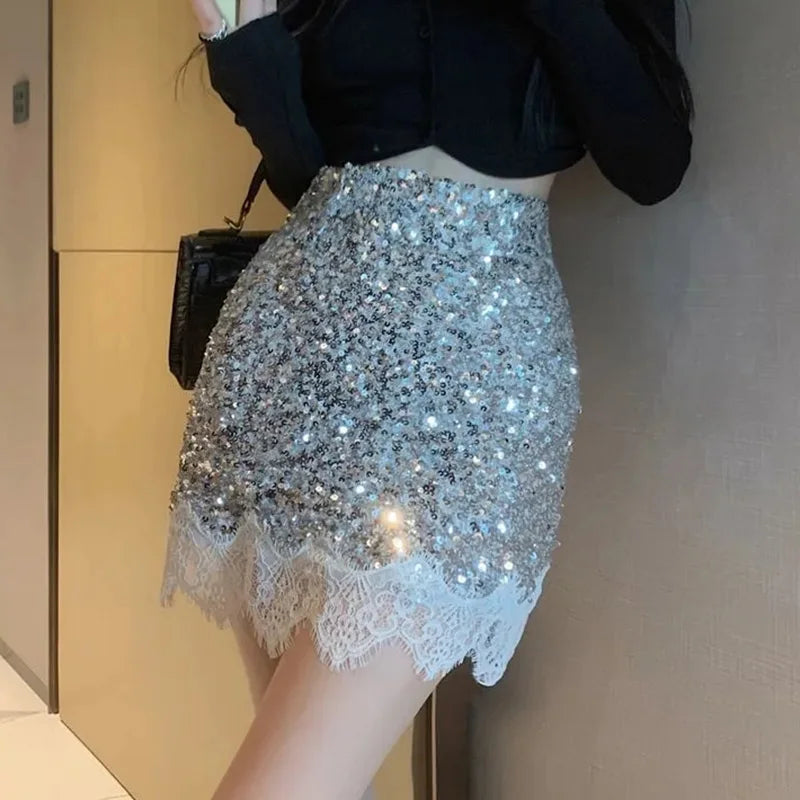 Sexy Silver Sequin Lace Patchwork Mini Skirt Button-down Mini Skirt