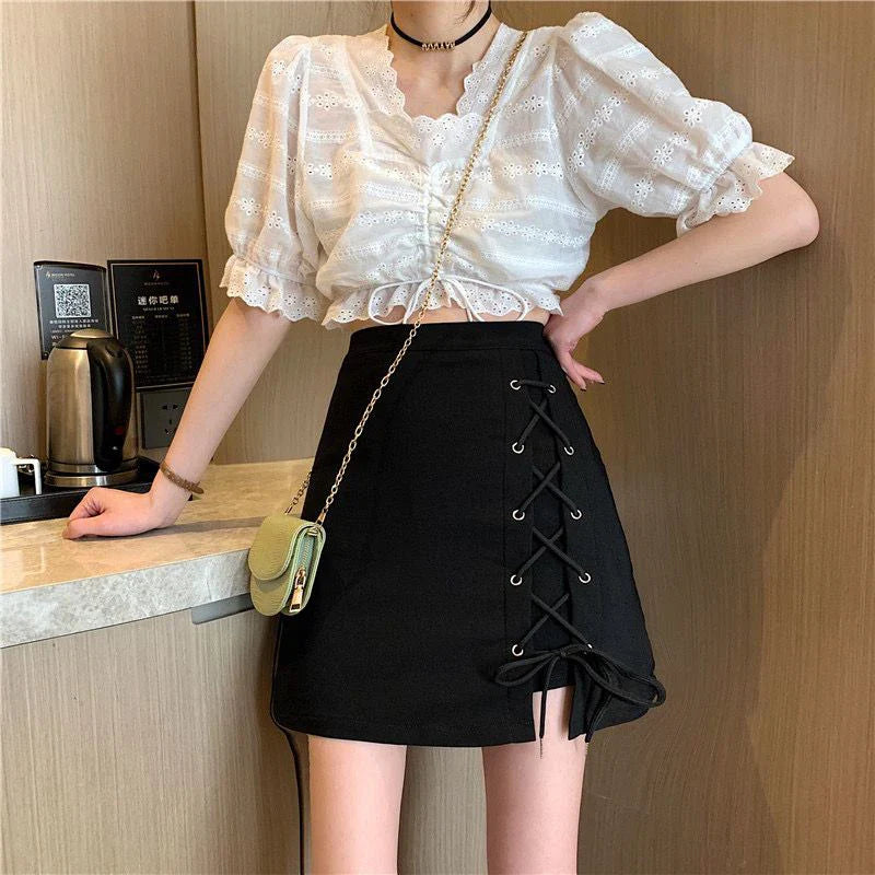 High Waist Lace Up Black A Line Mini Skirt Mini Skirt Casual