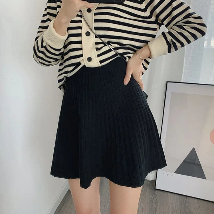 Knitted Women Autumn and Winter High Waist Pleated Skirt A- Line Skirt Short Skirt Mini Skirt Party