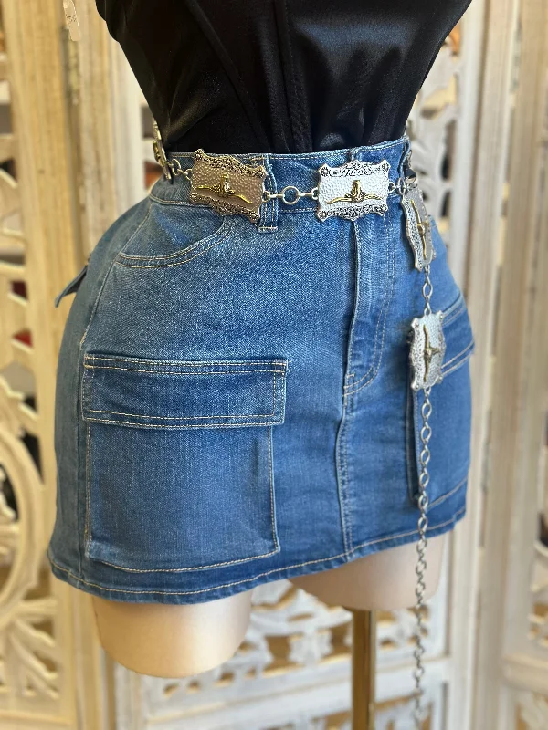 Double Pocket Mini Denim Skirt- Estira, Stretchy Fringed Mini Skirt