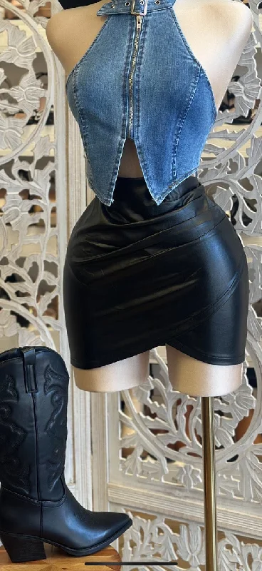 Draped Leather Mini Skirt- Estira, Stretchy Soft Leather Skirt