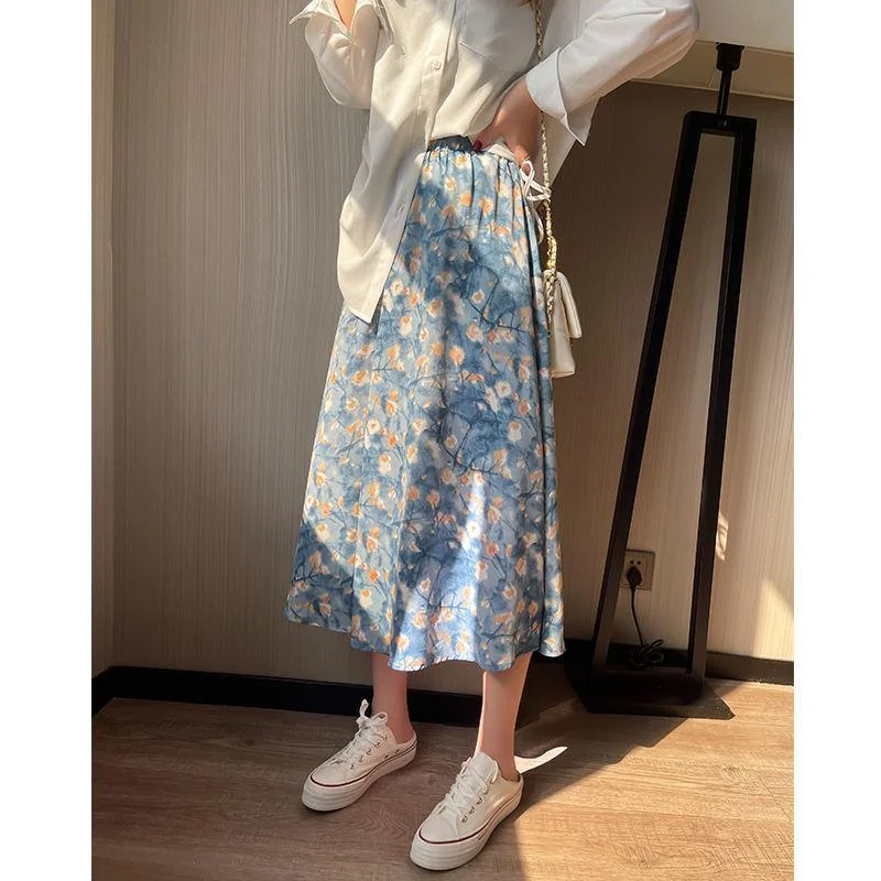 Female Oil Painting Flower Printing Vintage Skirt Elegant Slim High Elastic Waist Big Swing Holiday Skirt Embroidered unclassified skirts