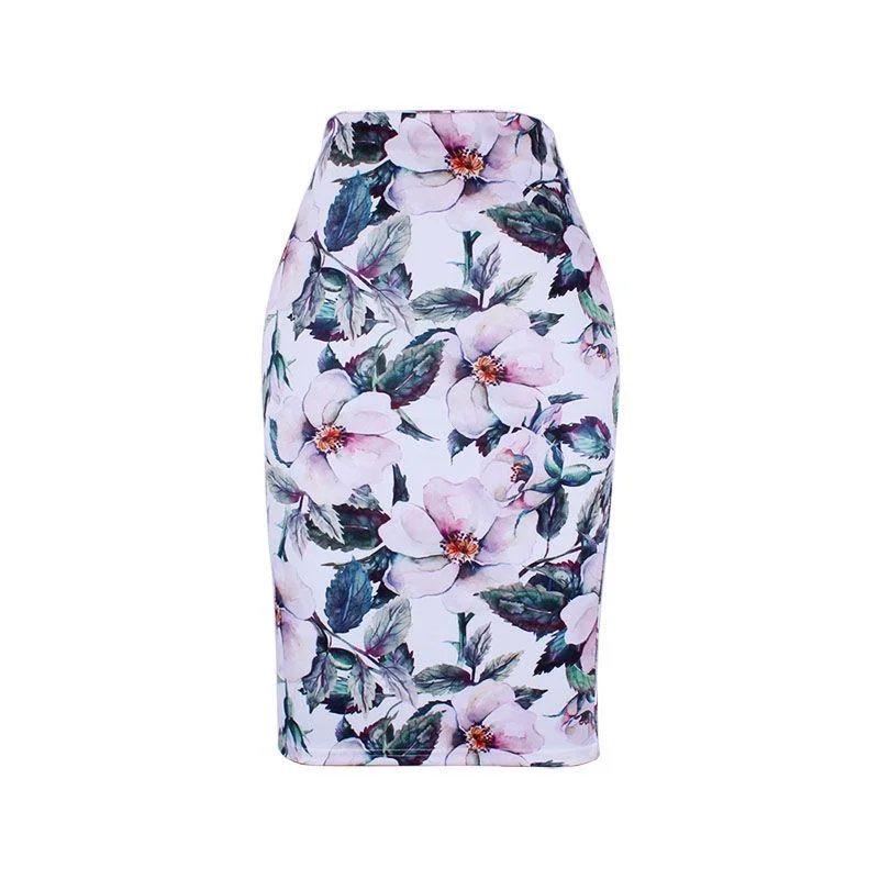 Female Vintage Floral Print Holiday Skirt High-waist Bag Hip Slim Knee-length Elegant Casual Skirt Sexy unclassified skirts