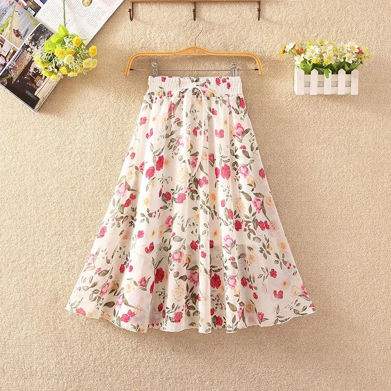 Floral Skirt Women's High Waist Mid-length Summer Fashion Casual Printed Chiffon Skirt Corset unclassified skirts