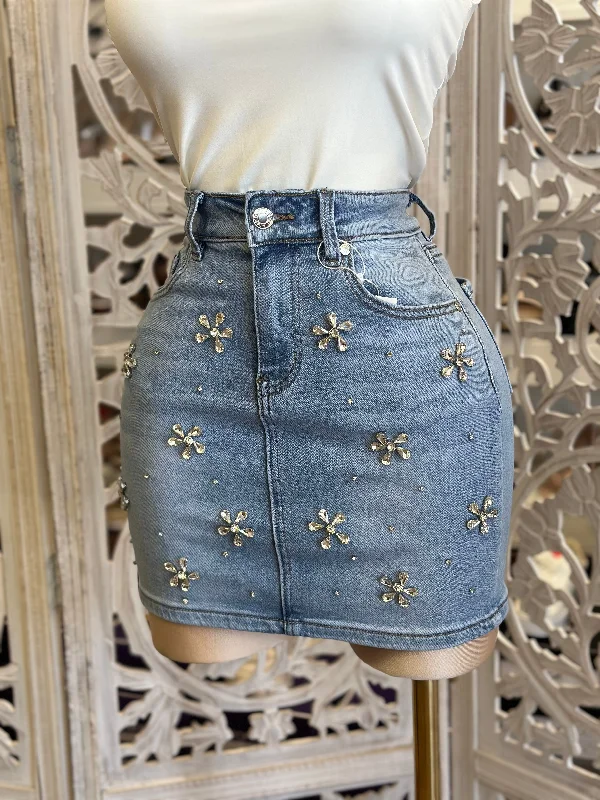 Flower Rhinestone Mini Skirt-Estira , Stretchy Mini Skirt Style