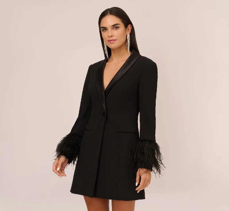 Knit Crepe Long Sleeve Blazer Dress With Feather Trim In Black Anniversary maxi dresses