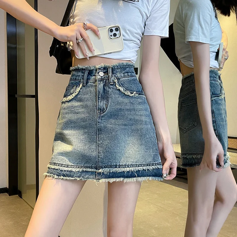 NiDELL: Women’s Elegant Jeans Short Skirt for Summer Fringed Mini Skirt