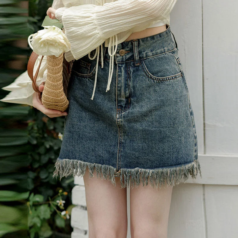 NiDELL: Women’s Elegant Ripped Jeans Short Skirt for Summer Soft Pleated Skirt