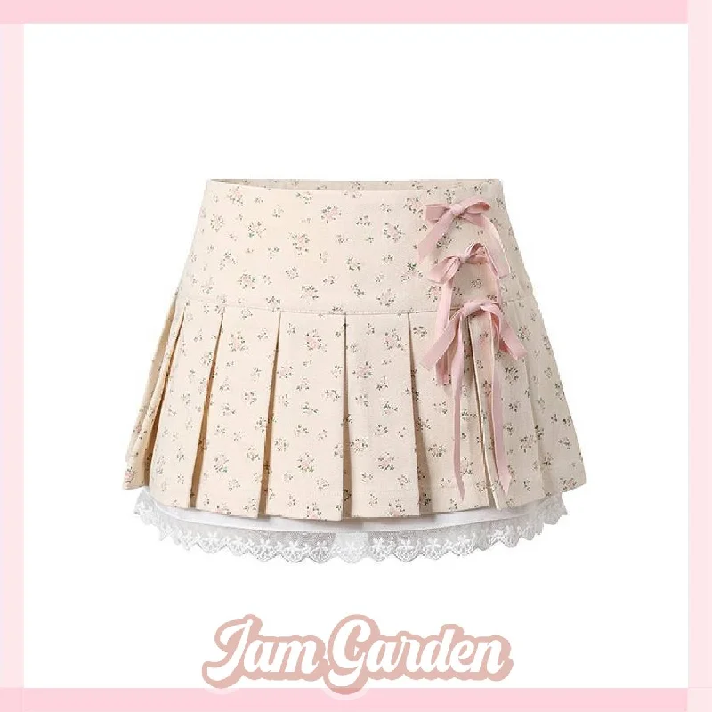 Original design lace patchwork mini bow pleated skirt Vintage Pleated Skirt