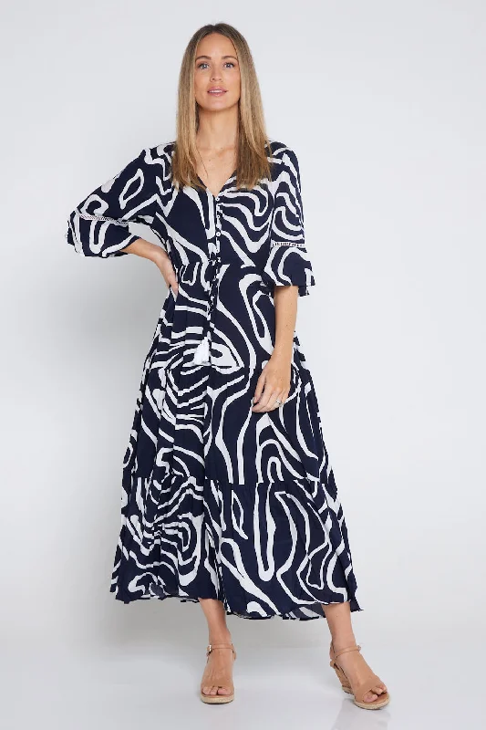 Tangela Maxi Dress - Navy White Swirl Minimalist maxi dresses