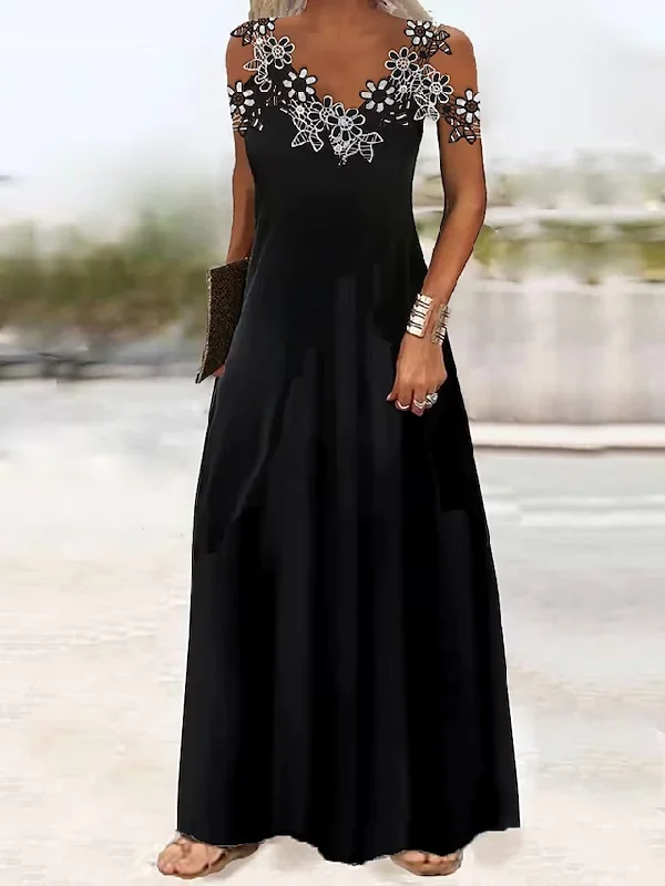 Timeless Grace Black Floral Lace Patchwork Slip Maxi Dress Holiday maxi dresses