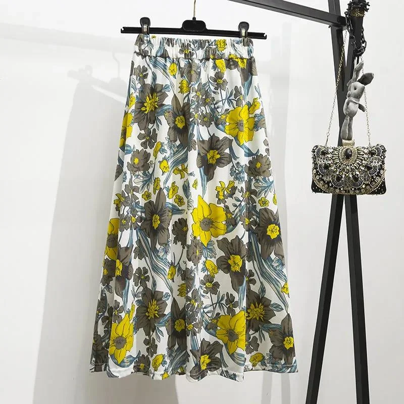 Women Summer Skirt Vintage Elastic Waist Mid-length Holiday Skirt Slim Floral Print Elegant Casual Skirt Breathable unclassified skirts