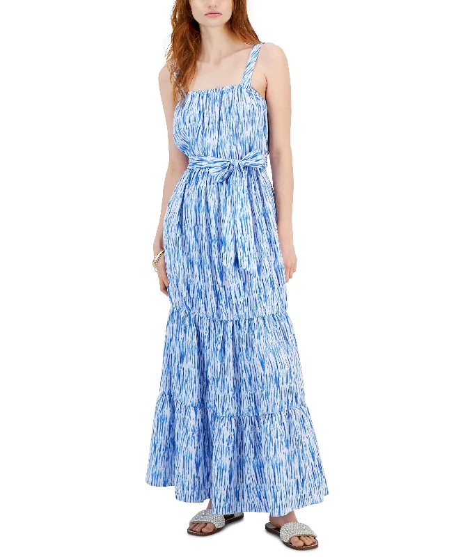 Women's Printed Tiered Tie-Waist Maxi Dress Leather maxi dresses