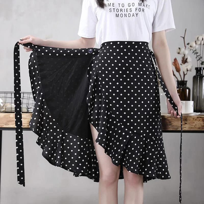 Women's Summer Large Size Wrap Skirt Female Casual Chiffon One-Piece Lace-Up High Waist Irregular Ruffle Loose Polka Dot Skirts Wrap unclassified skirts