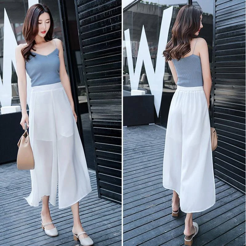 WTEMPO Ruffle Chiffon Skirt-like Wide-leg Pants Women Loose High Waist Ankle-Length Pants Trousers Cool and Breathable Soft fabric unclassified skirts