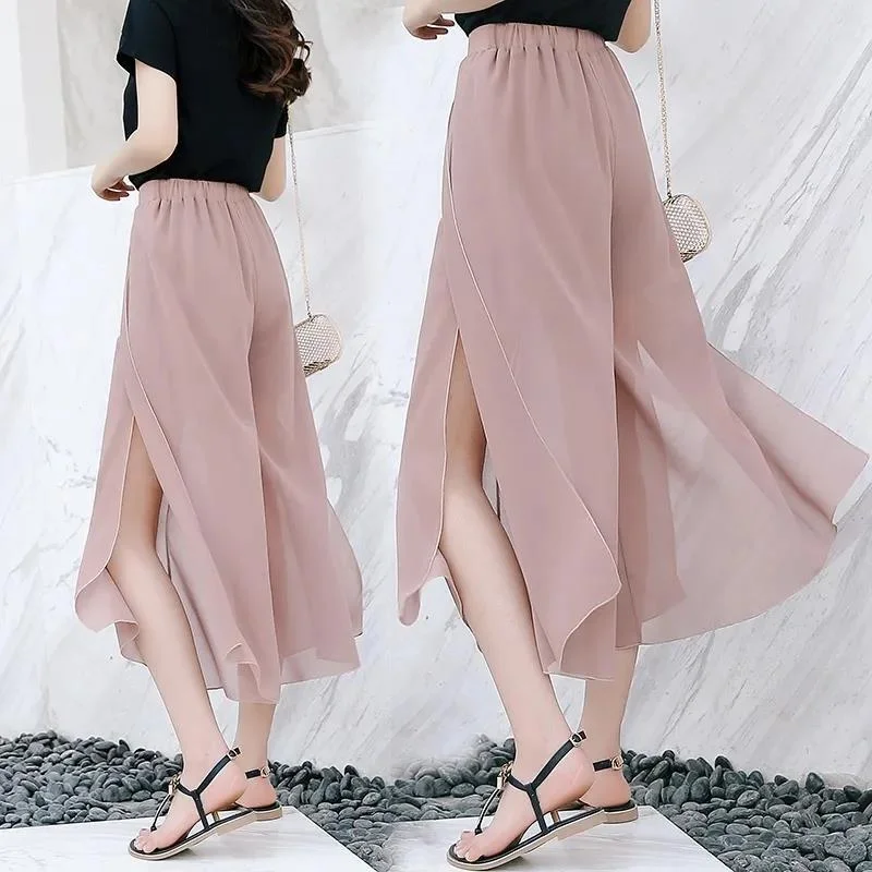 WTEMPO Ruffle Chiffon Skirt-like Wide-leg Pants Women Loose High Waist Ankle-Length Pants Trousers Cool and Breathable Fall unclassified skirts