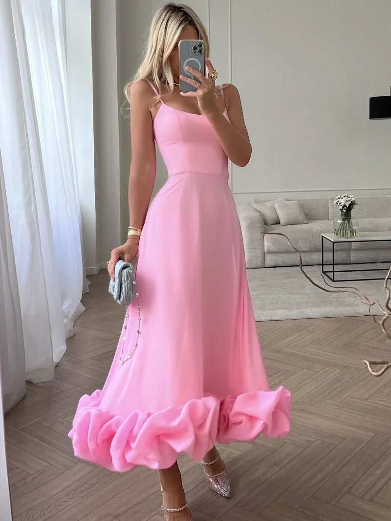 Women Spaghetti Strap A-line Ruffles Pink Evening Dresses Club party dresses