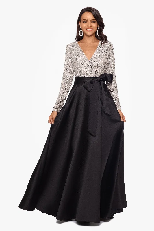 "Dixie" V-Neck Long Sleeve Sequin Top Waistband with Bow Gown Graduation party dresses