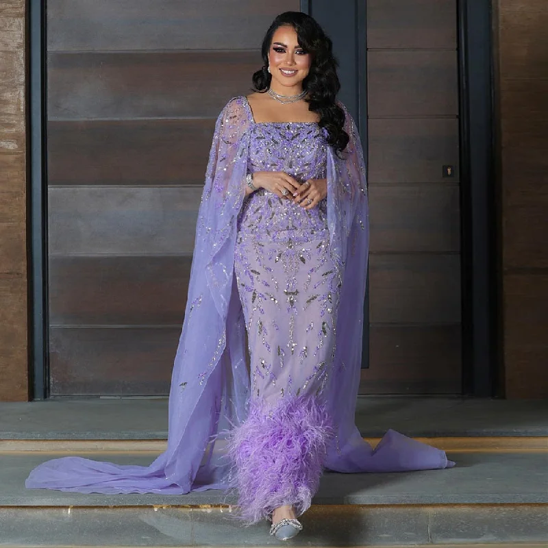 Luxury Feathers Lilac Evening Dress with Cape Sleeves SS381 Women's unclassified dresses