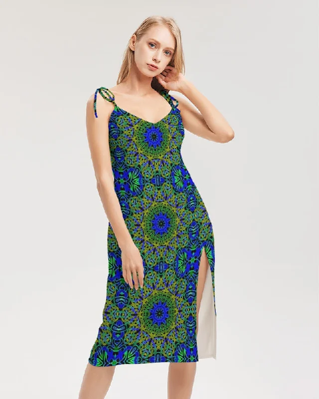 Blue Green Celtic Kaleidoscope Women's Tie Strap Split Dress Metallic unclassified dresses