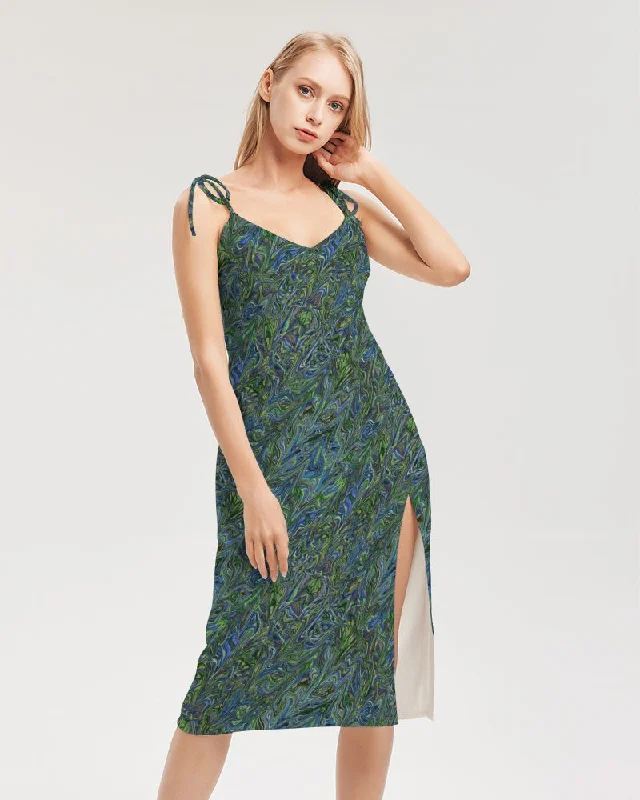 Blue Green Liquid Marbling Women's Tie Strap Split Dress Street style unclassified dresses