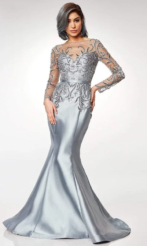 Clarisse - Scroll Motif Illusion Bateau Mermaid Gown M6523 - 1 pc Silver In Size 6 Available Smocked unclassified dresses