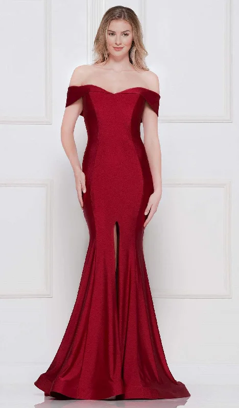 Colors Dress - 2107 Off Shoulder Front Slit Satin Mermaid Gown Designer unclassified dresses