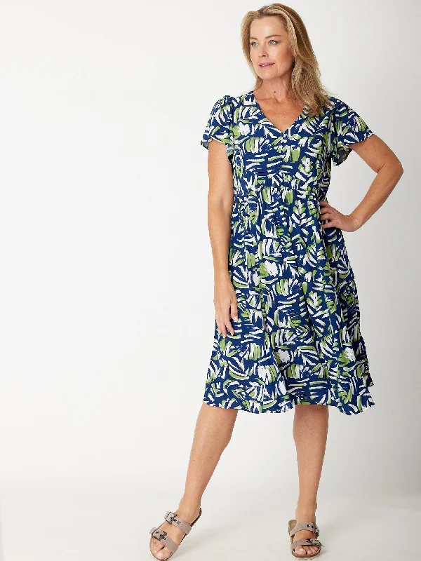 Flounce Sleeve Dress- 30674 Navy/Green Office unclassified dresses