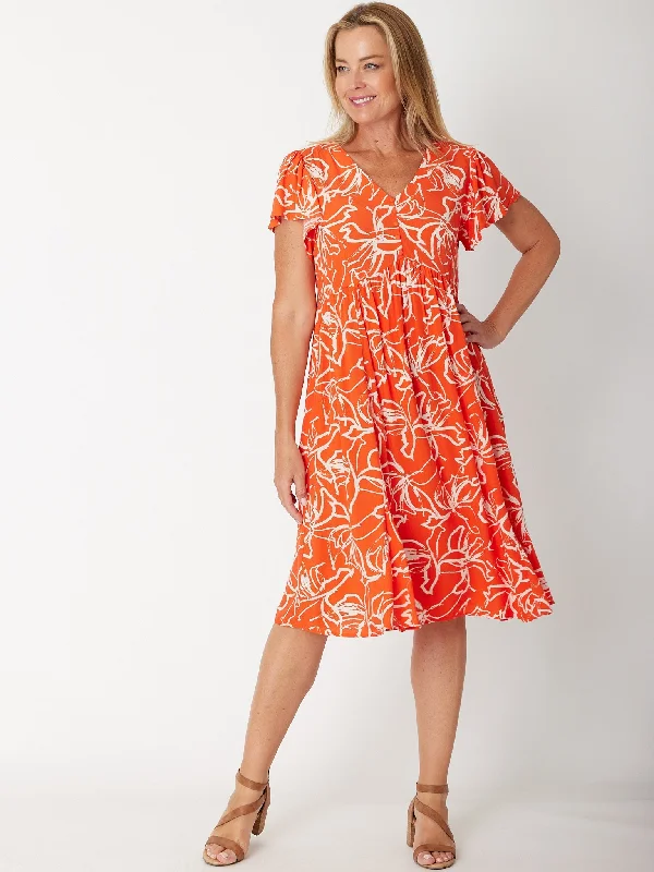 Flounce Sleeve Dress- 30674 Orange Bodycon unclassified dresses