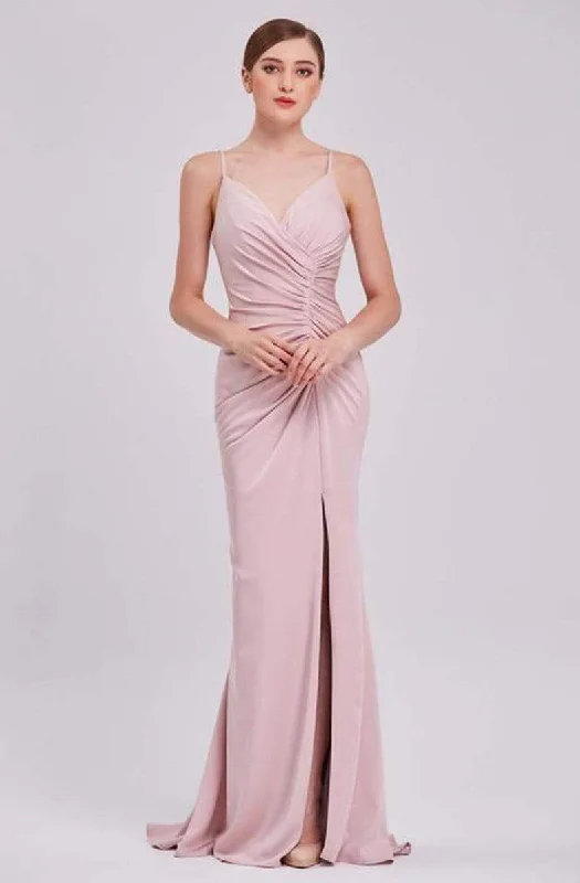 J'Adore Dresses - J16039 Asymmetrically Ruched High Slit Mermaid Gown Knitted unclassified dresses