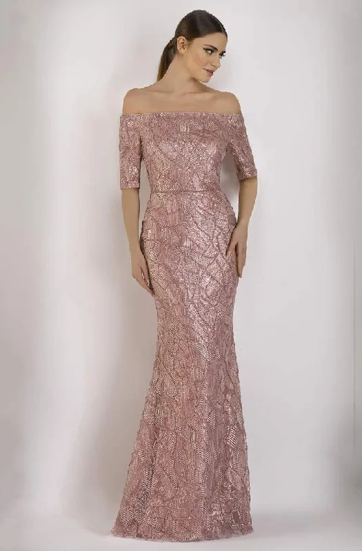 Janique - Embellished Off-Shoulder Trumpet Dress JA5017 - 1 pc Rose Gold In Size 10 Available Neutral tone unclassified dresses