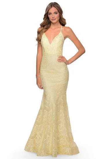 La Femme - Plunging V-Neck Thin Straps Mermaid Dress 28643SC - 1 pc Pale Yellow In Size 4 Available Preppy unclassified dresses