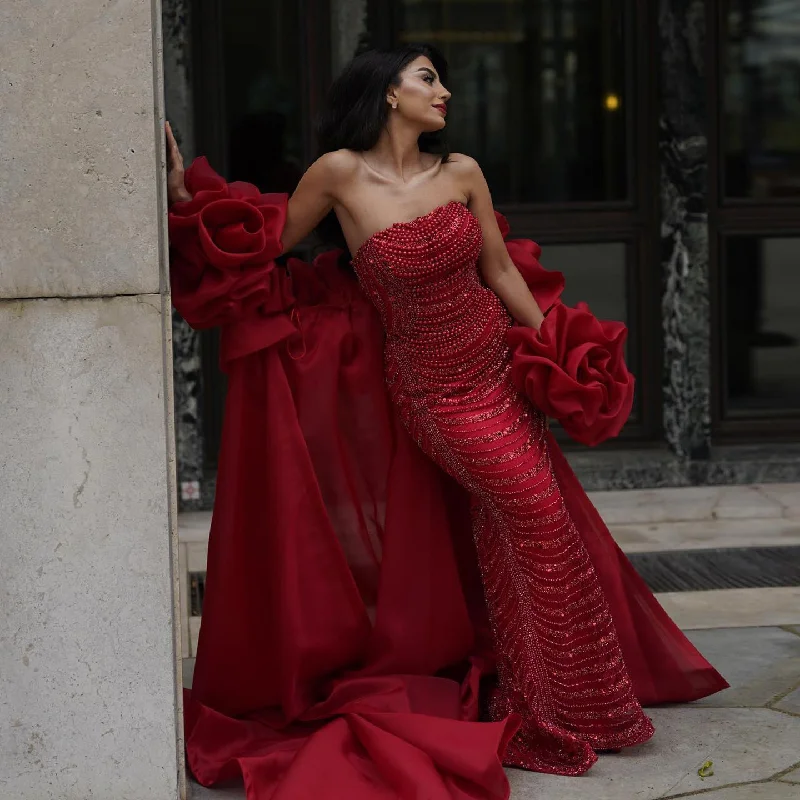 Luxury Pearl Red Evening Dress with 3D Flowers Cape SS585 Open-back unclassified dresses