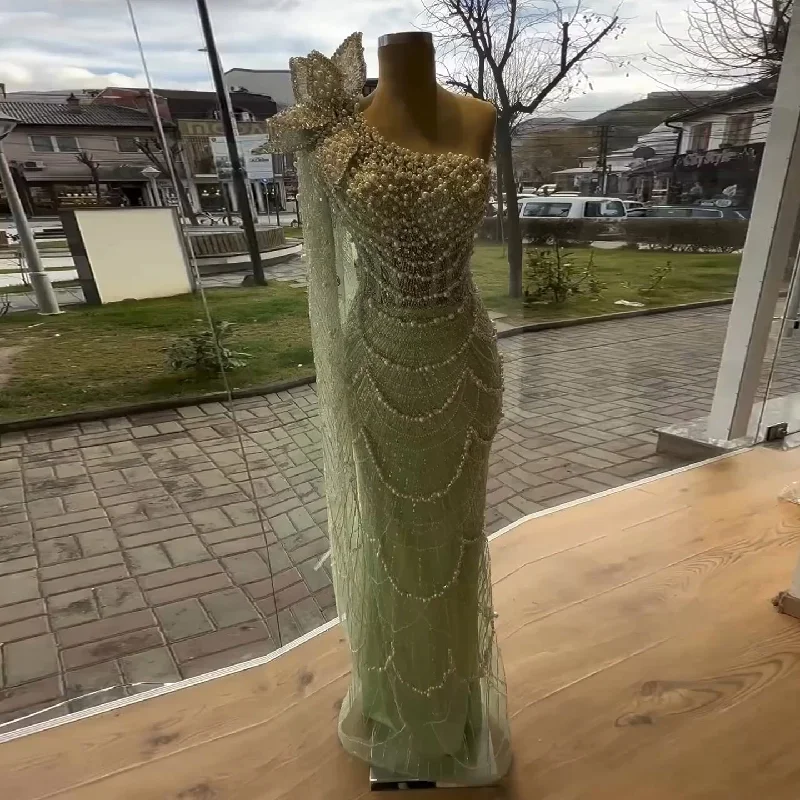 Luxury Pearls 3D Flower Green One Shoulder Evening Dress SS115 Preppy unclassified dresses